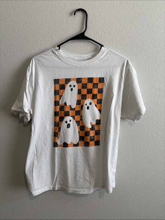 Tops - White Graphic Tee with Ghosts and Orange-Black Checker
